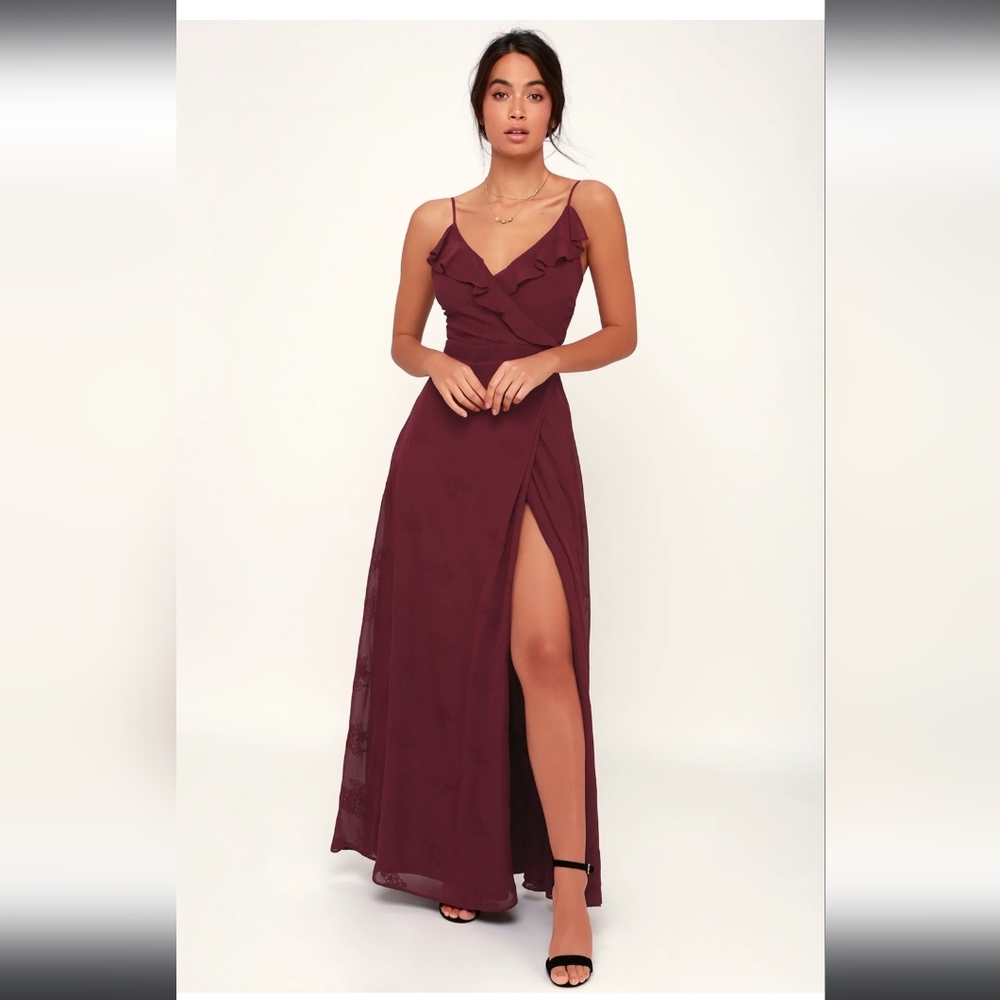 Lulus Flutter And Flow Burgundy Embroidered Maxi